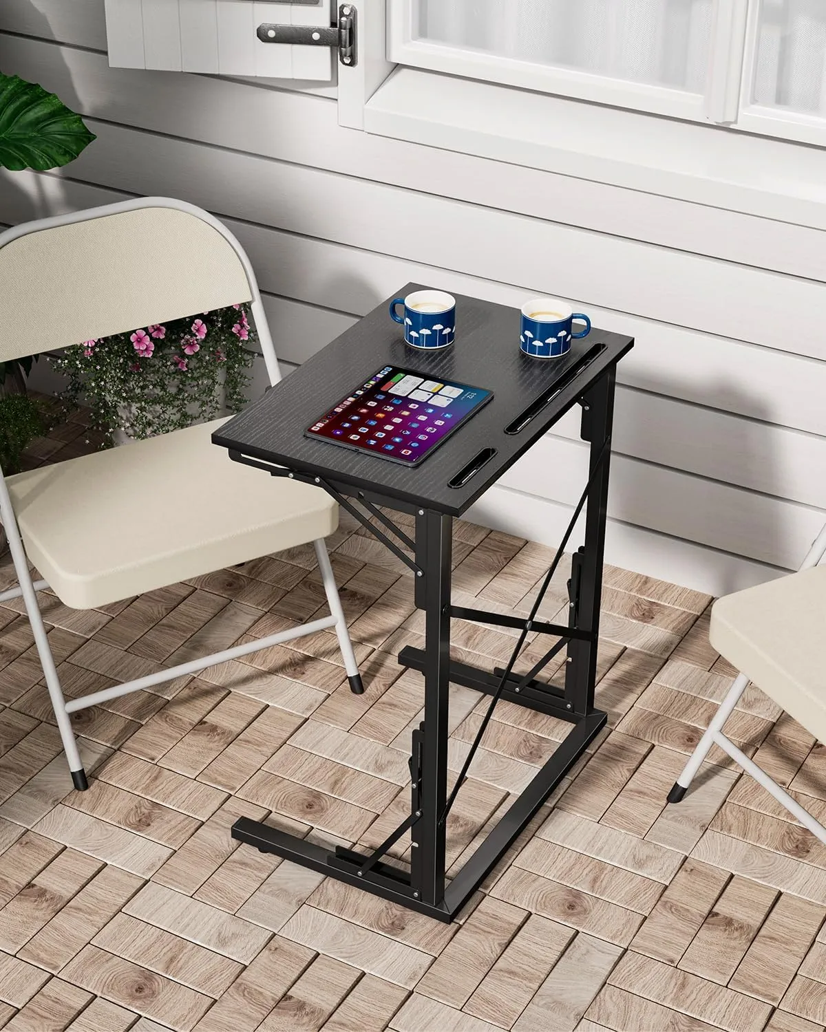 21''Wx28''H Folding TV Tray, Small Foldable C-Shaped End Table for Eating with Tablet and Phone Slots, Slide Under Couch Side Table for Recliner, Living Room, Bedroom, Black