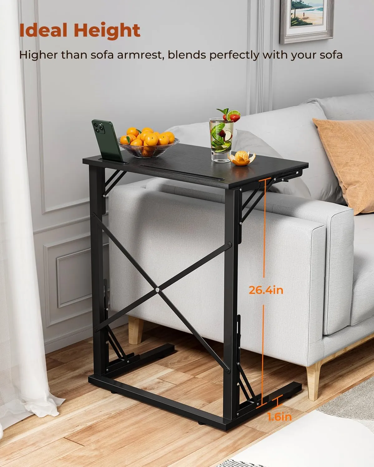 21''Wx28''H Folding TV Tray, Small Foldable C-Shaped End Table for Eating with Tablet and Phone Slots, Slide Under Couch Side Table for Recliner, Living Room, Bedroom, Black