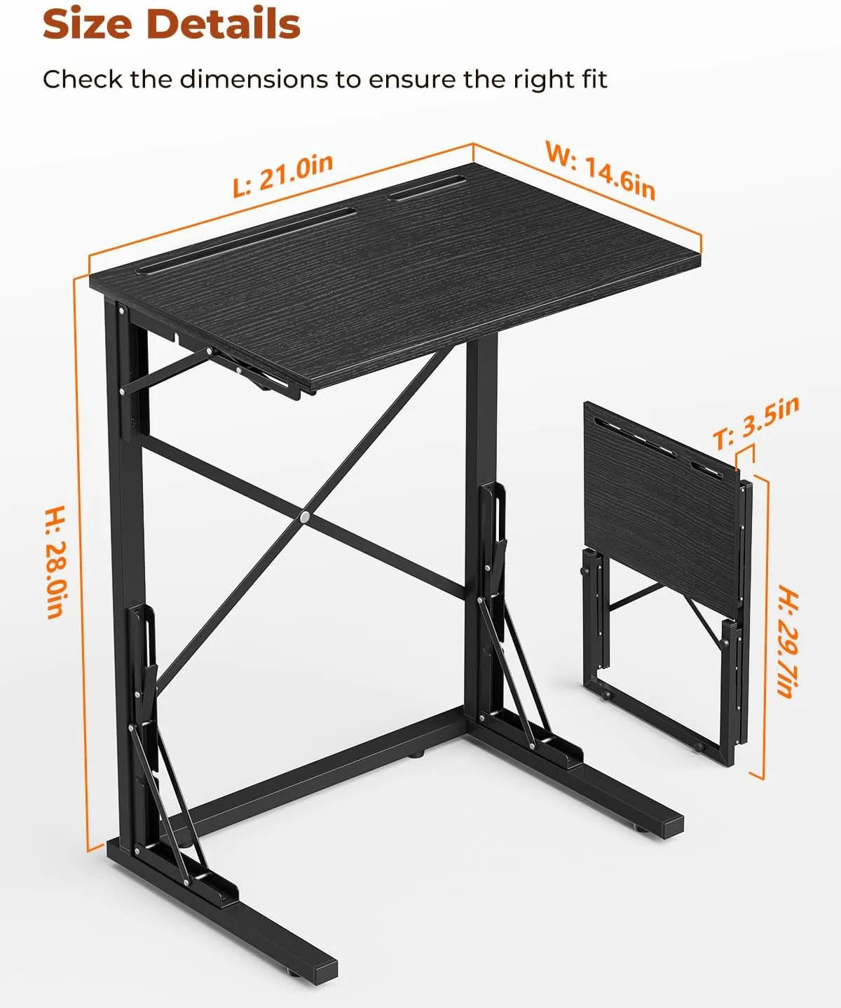 21''Wx28''H Folding TV Tray, Small Foldable C-Shaped End Table for Eating with Tablet and Phone Slots, Slide Under Couch Side Table for Recliner, Living Room, Bedroom, Black