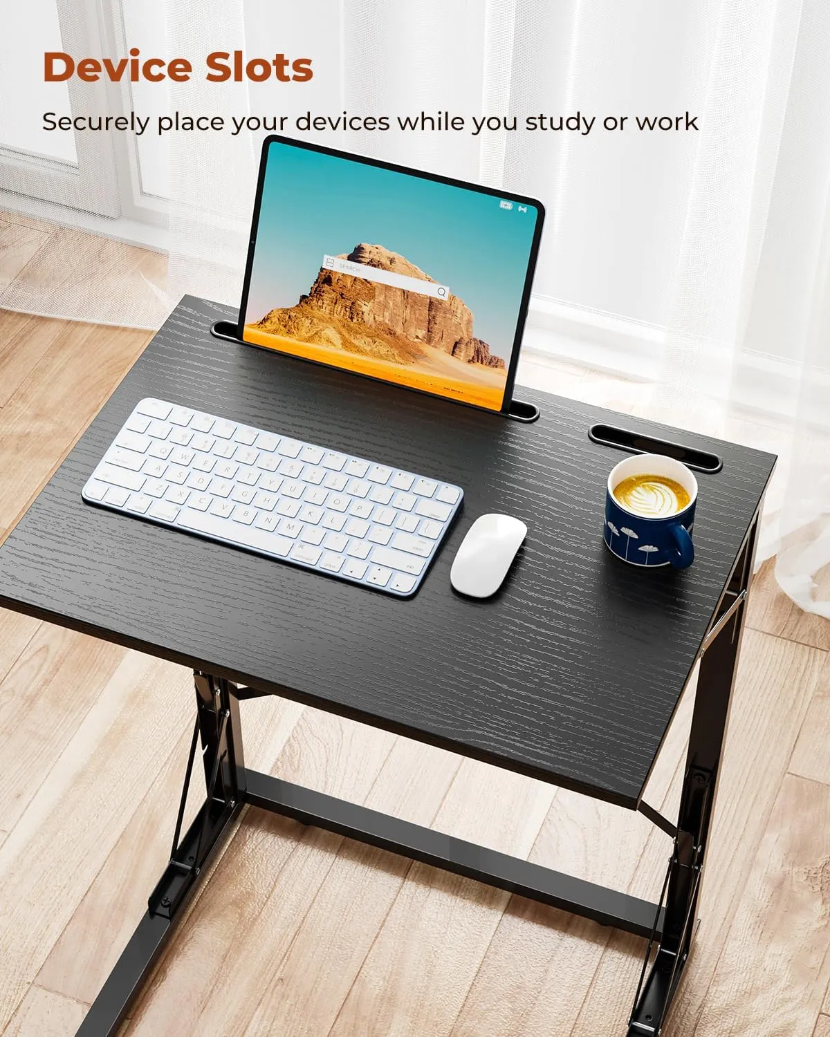 21''Wx28''H Folding TV Tray, Small Foldable C-Shaped End Table for Eating with Tablet and Phone Slots, Slide Under Couch Side Table for Recliner, Living Room, Bedroom, Black