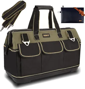 22 Inch Wide Mouth Tool Bag With Water Proof Molded Base Tool Storage Bag Multi-Functional Large Capacity Wearproof, Waterproof Tool Tote Bag (Green 22 Inch)