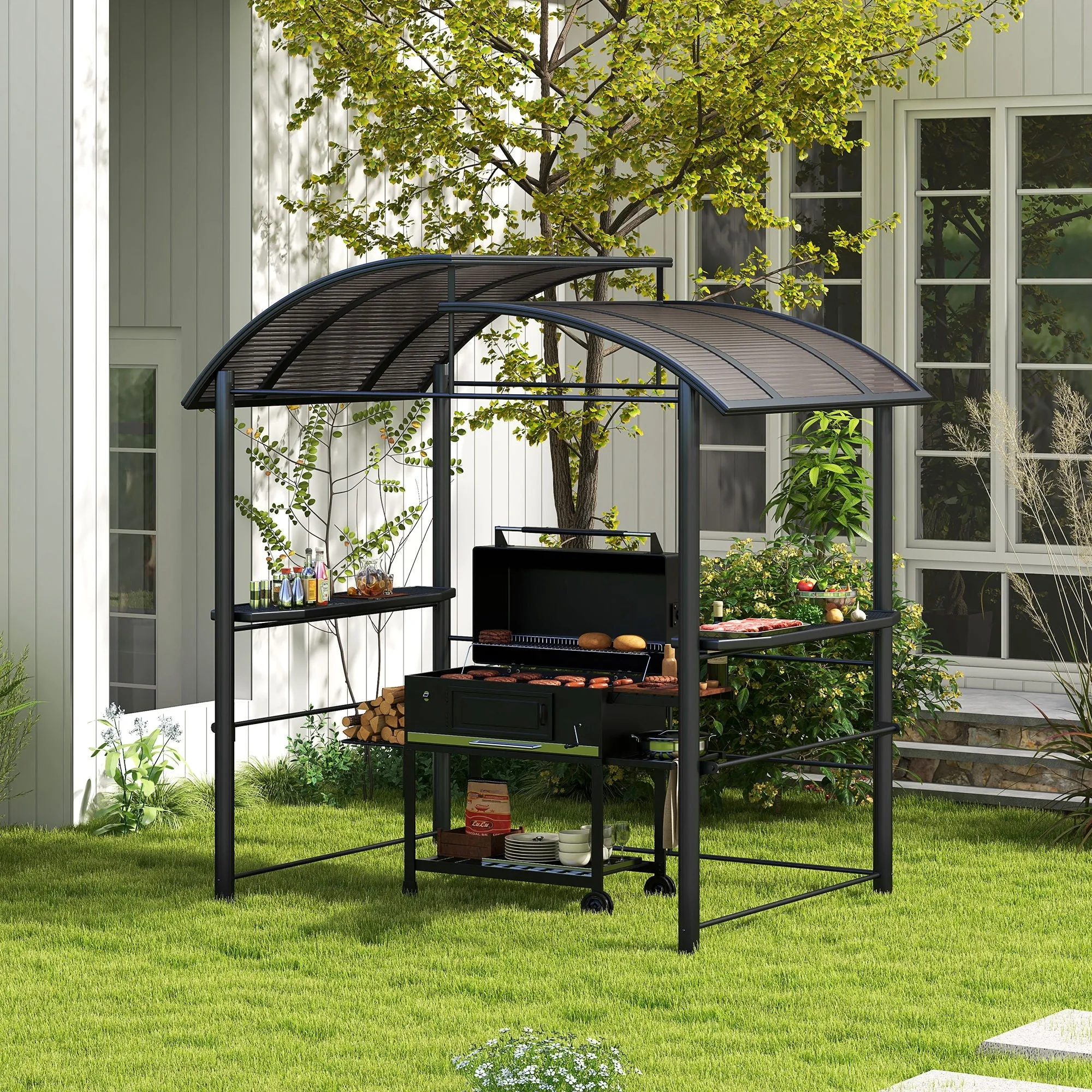2.4 x 1.5m Grill Gazebo Outdoor BBQ Gazebo Canopy with Side Shelves Hanging Poles Great Ventilation PC Board