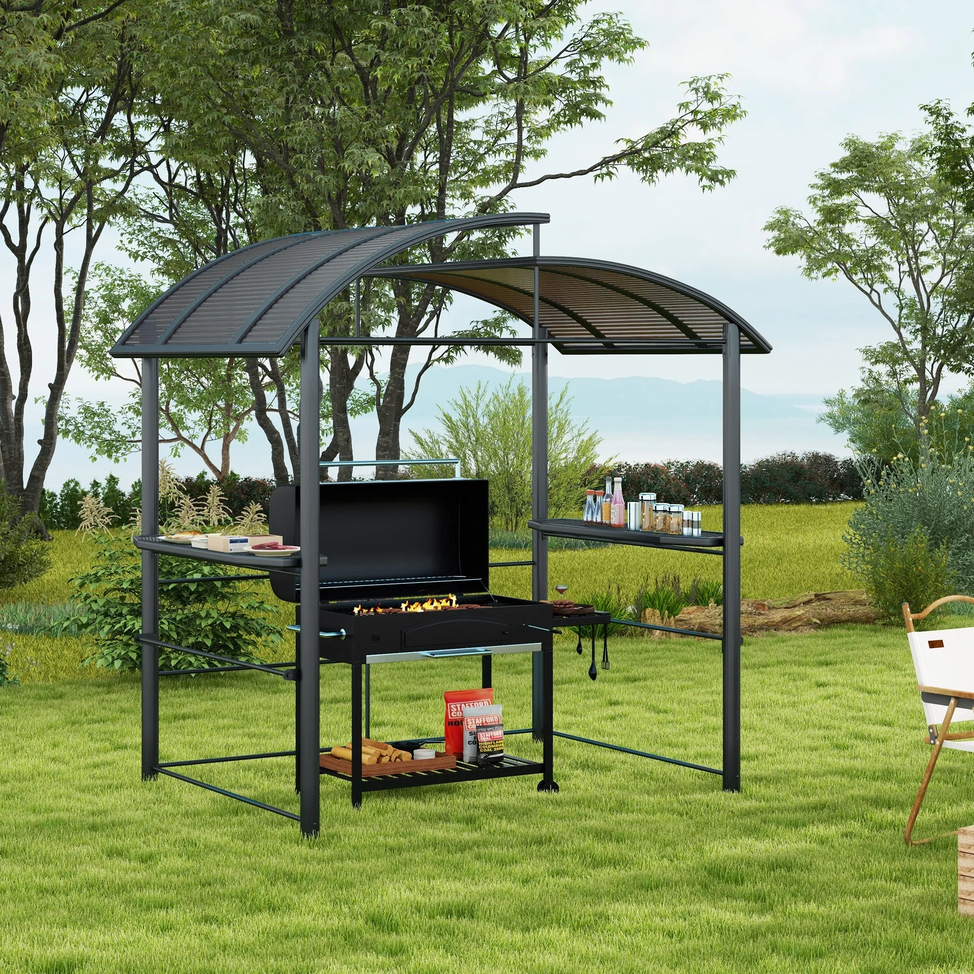 2.4 x 1.5m Grill Gazebo Outdoor BBQ Gazebo Canopy with Side Shelves Hanging Poles Great Ventilation PC Board