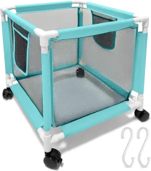 25 Gallon Small Blue Pool Storage Bin Mint – Compact Waterproof Mesh Organizer for Towels, Toys, Floats – Poolside Storage with Locking Wheels and Hooks - Rolling Net Basket for Patio, Yard