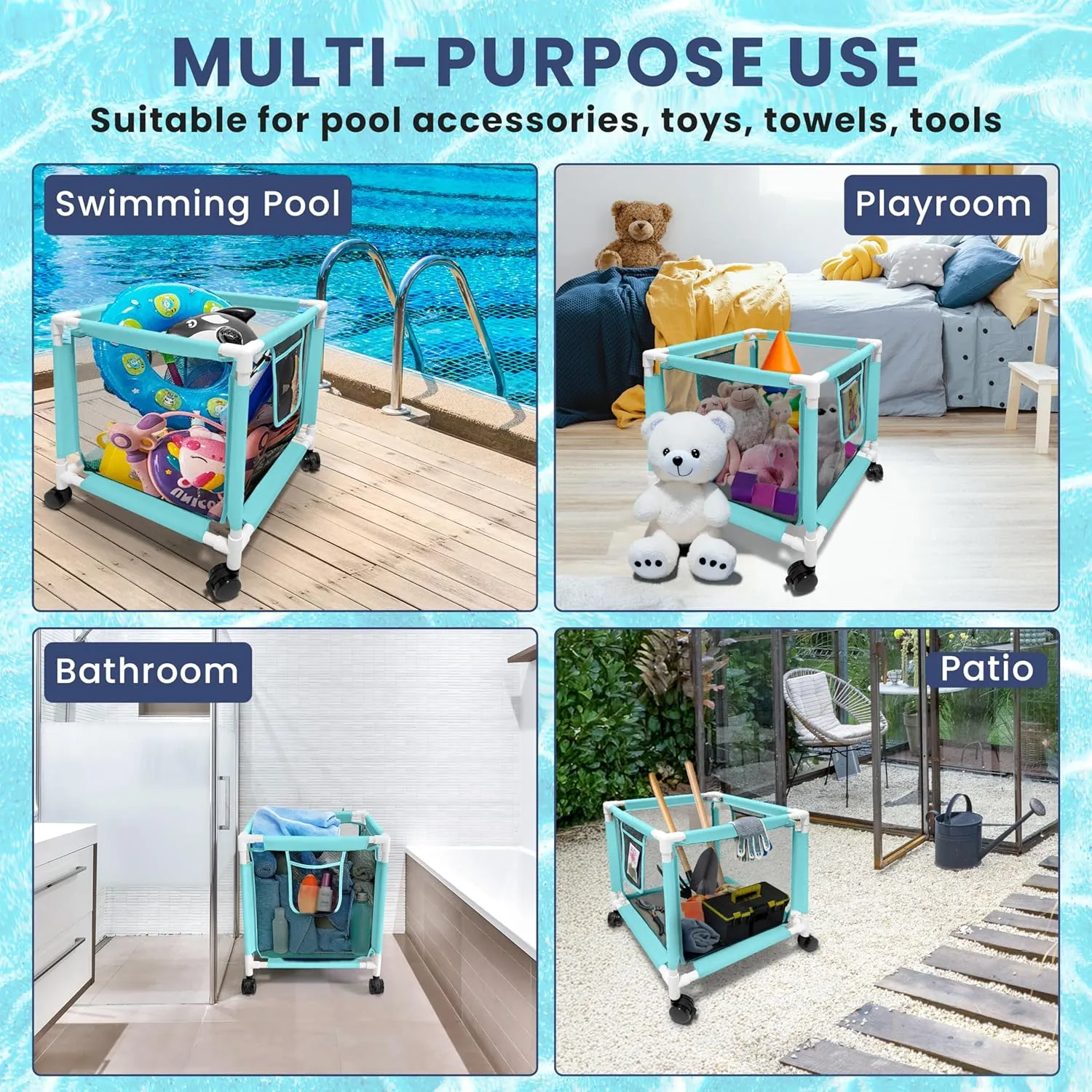 25 Gallon Small Blue Pool Storage Bin Mint – Compact Waterproof Mesh Organizer for Towels, Toys, Floats – Poolside Storage with Locking Wheels and Hooks - Rolling Net Basket for Patio, Yard