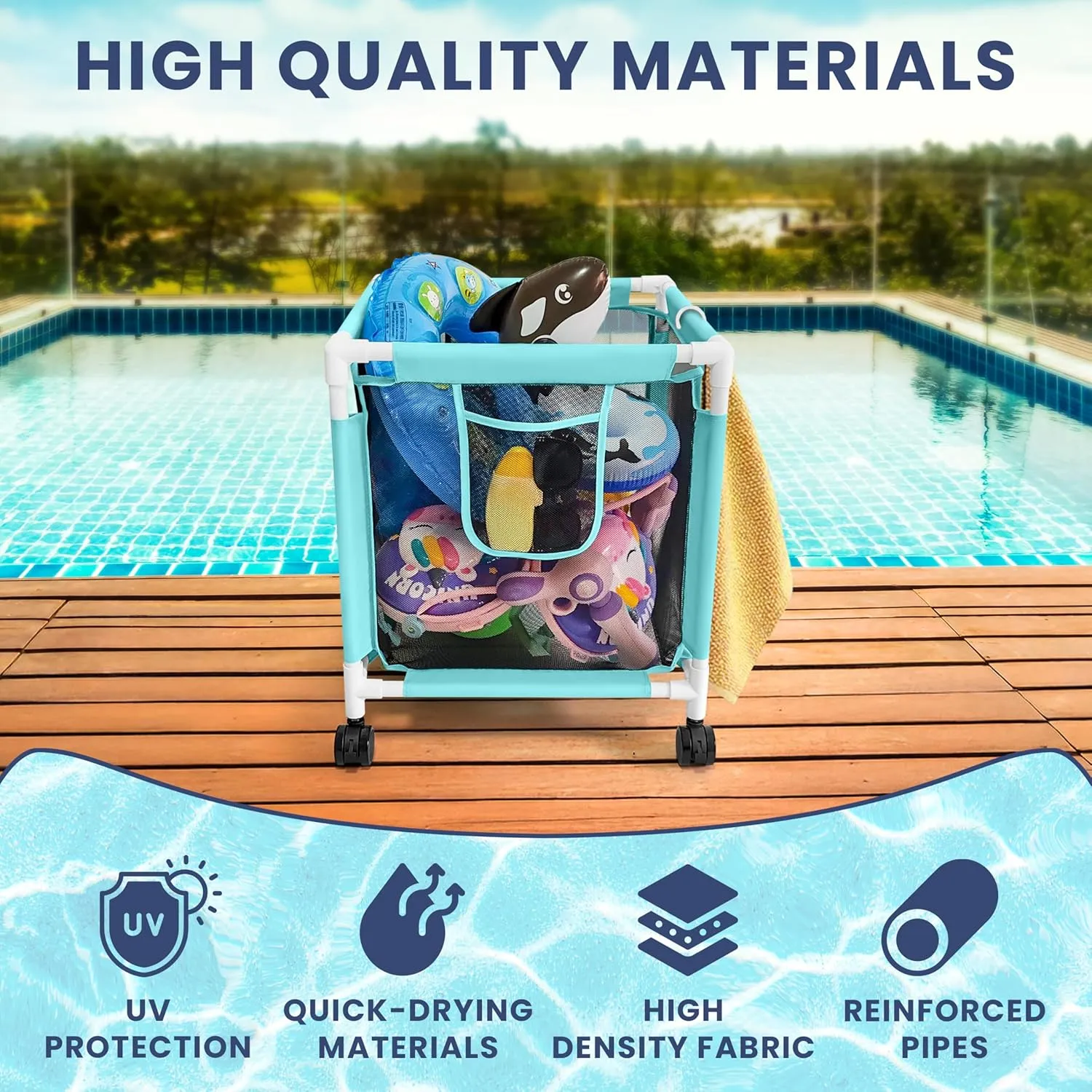 25 Gallon Small Blue Pool Storage Bin Mint – Compact Waterproof Mesh Organizer for Towels, Toys, Floats – Poolside Storage with Locking Wheels and Hooks - Rolling Net Basket for Patio, Yard