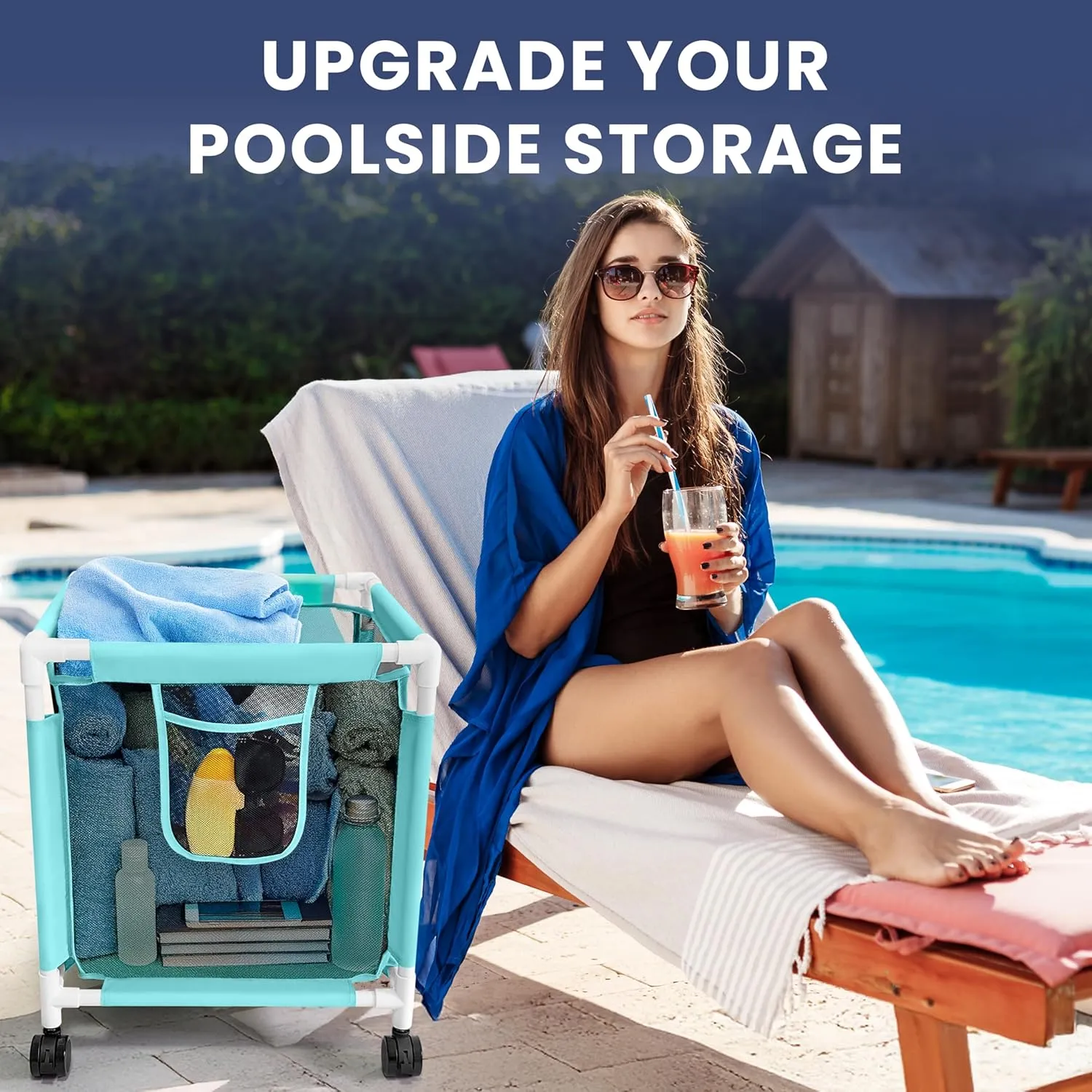 25 Gallon Small Blue Pool Storage Bin Mint – Compact Waterproof Mesh Organizer for Towels, Toys, Floats – Poolside Storage with Locking Wheels and Hooks - Rolling Net Basket for Patio, Yard
