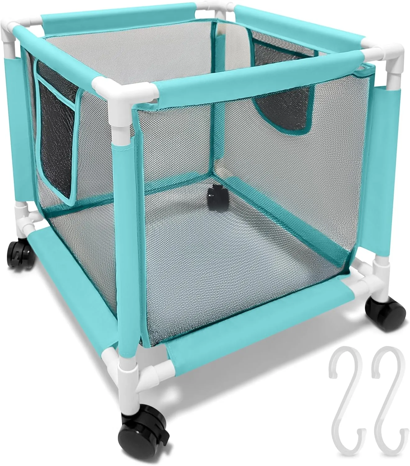 25 Gallon Small Blue Pool Storage Bin Mint – Compact Waterproof Mesh Organizer for Towels, Toys, Floats – Poolside Storage with Locking Wheels and Hooks - Rolling Net Basket for Patio, Yard