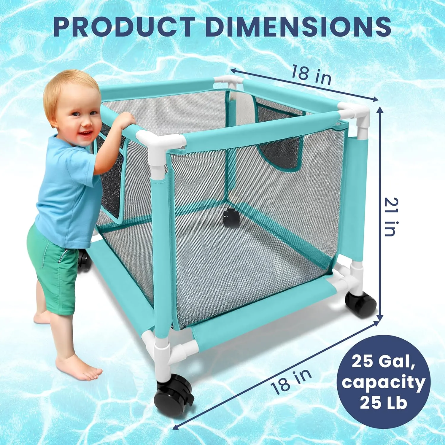 25 Gallon Small Blue Pool Storage Bin Mint – Compact Waterproof Mesh Organizer for Towels, Toys, Floats – Poolside Storage with Locking Wheels and Hooks - Rolling Net Basket for Patio, Yard