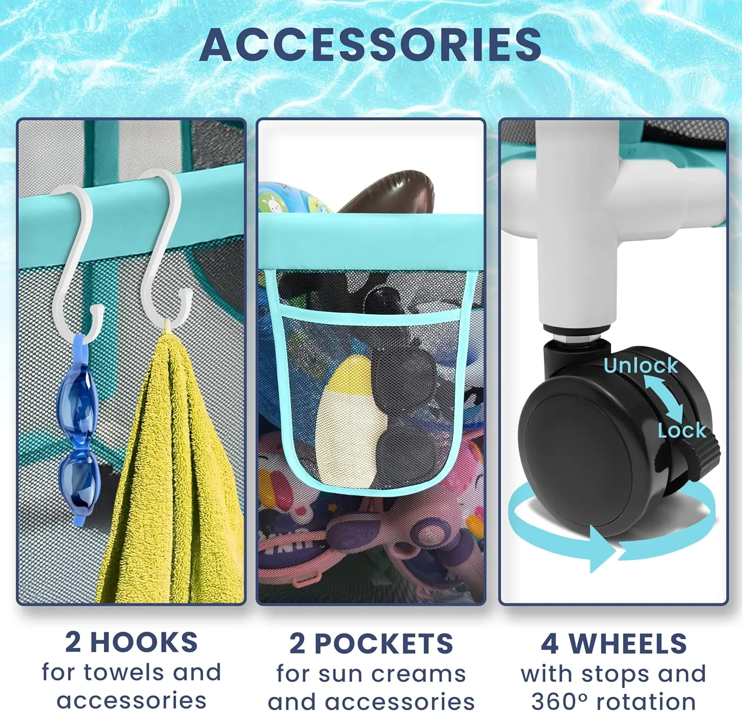 25 Gallon Small Blue Pool Storage Bin Mint – Compact Waterproof Mesh Organizer for Towels, Toys, Floats – Poolside Storage with Locking Wheels and Hooks - Rolling Net Basket for Patio, Yard