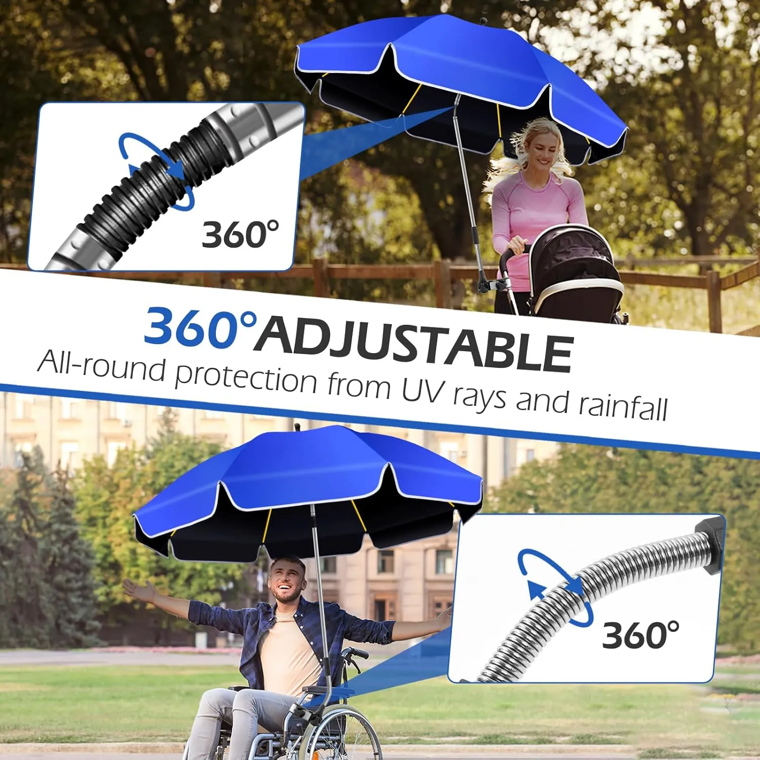 2Pack 48.8 inch Large Beach Umbrella with Clamp Sun Shade for Beach Chair, 360°Adjustable UV Protection Golf Umbrella with Clip for Outdoor Stroller Wheelchair Camping Chair
