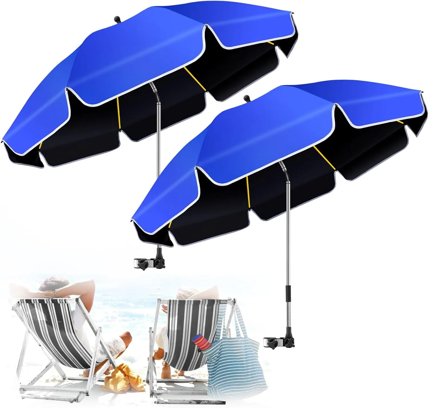 2Pack 48.8 inch Large Beach Umbrella with Clamp Sun Shade for Beach Chair, 360°Adjustable UV Protection Golf Umbrella with Clip for Outdoor Stroller Wheelchair Camping Chair