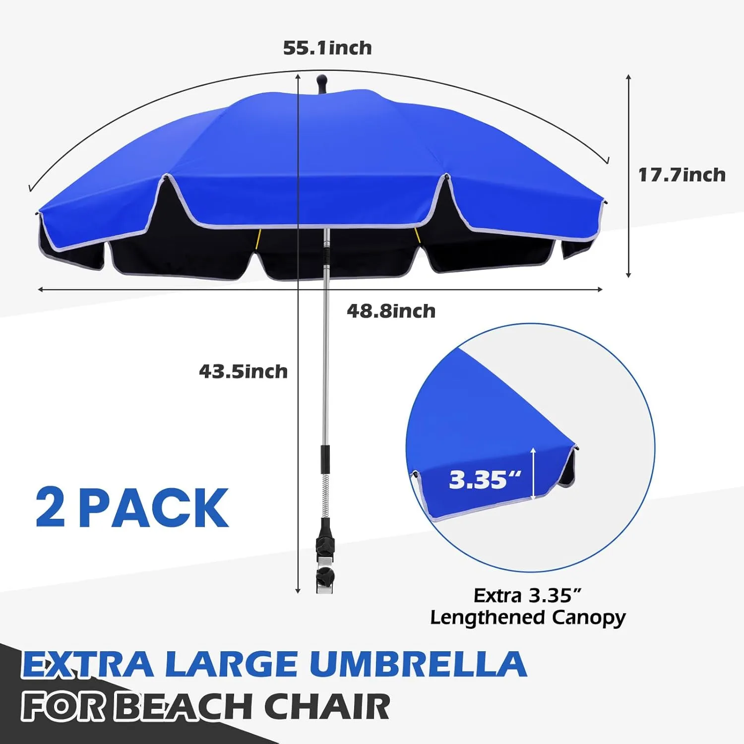 2Pack 48.8 inch Large Beach Umbrella with Clamp Sun Shade for Beach Chair, 360°Adjustable UV Protection Golf Umbrella with Clip for Outdoor Stroller Wheelchair Camping Chair