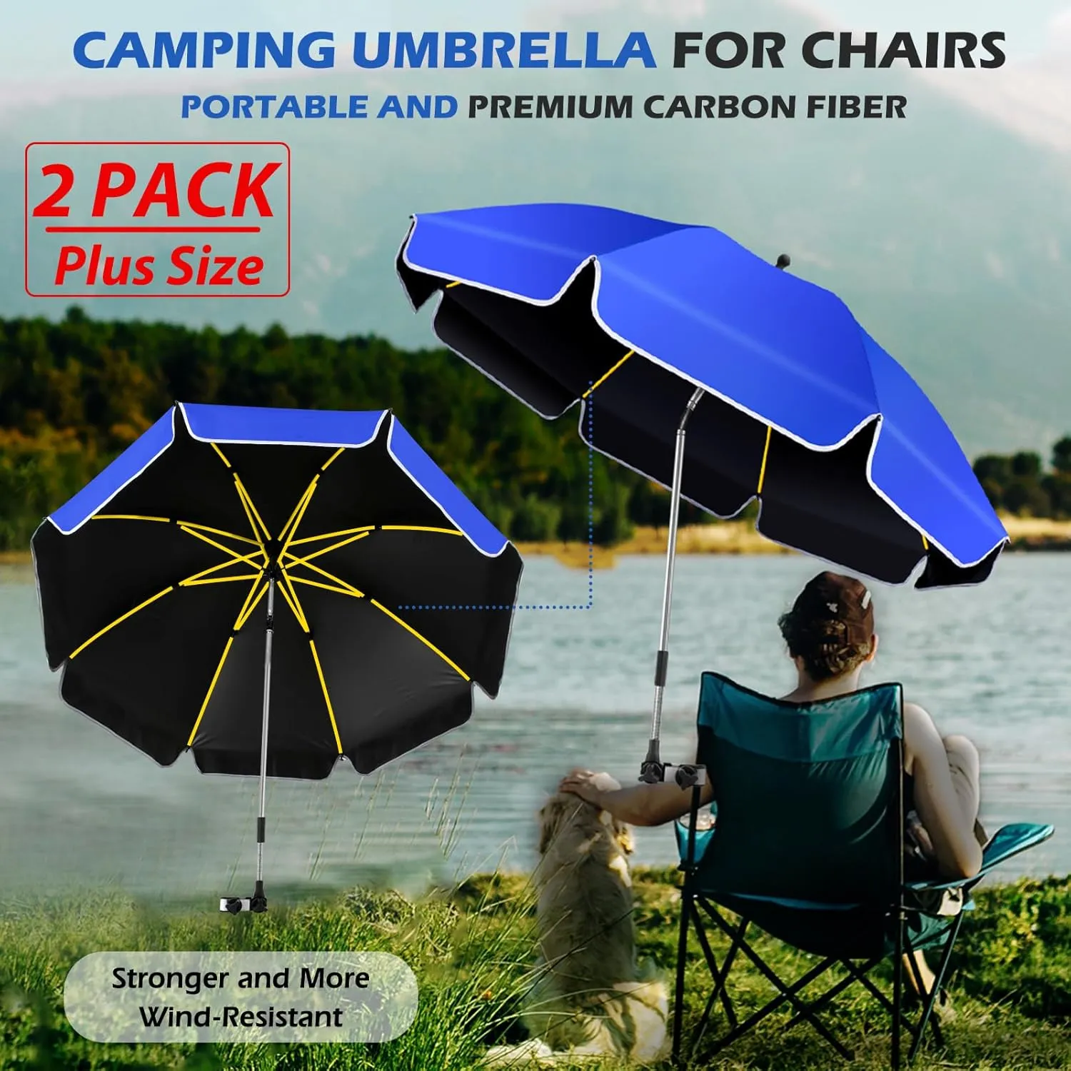 2Pack 48.8 inch Large Beach Umbrella with Clamp Sun Shade for Beach Chair, 360°Adjustable UV Protection Golf Umbrella with Clip for Outdoor Stroller Wheelchair Camping Chair