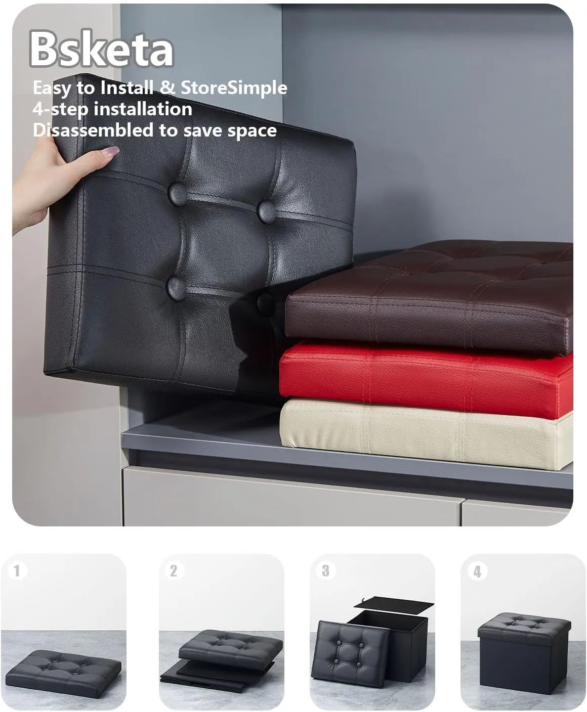 2PC Storage Ottoman, Folding Foot Stool with Thicker Foam Padded Seat Small Leather Storage Ottoman Bench Foot Rest for Living Room Foldable Coffee Table 17x13x13in,Black