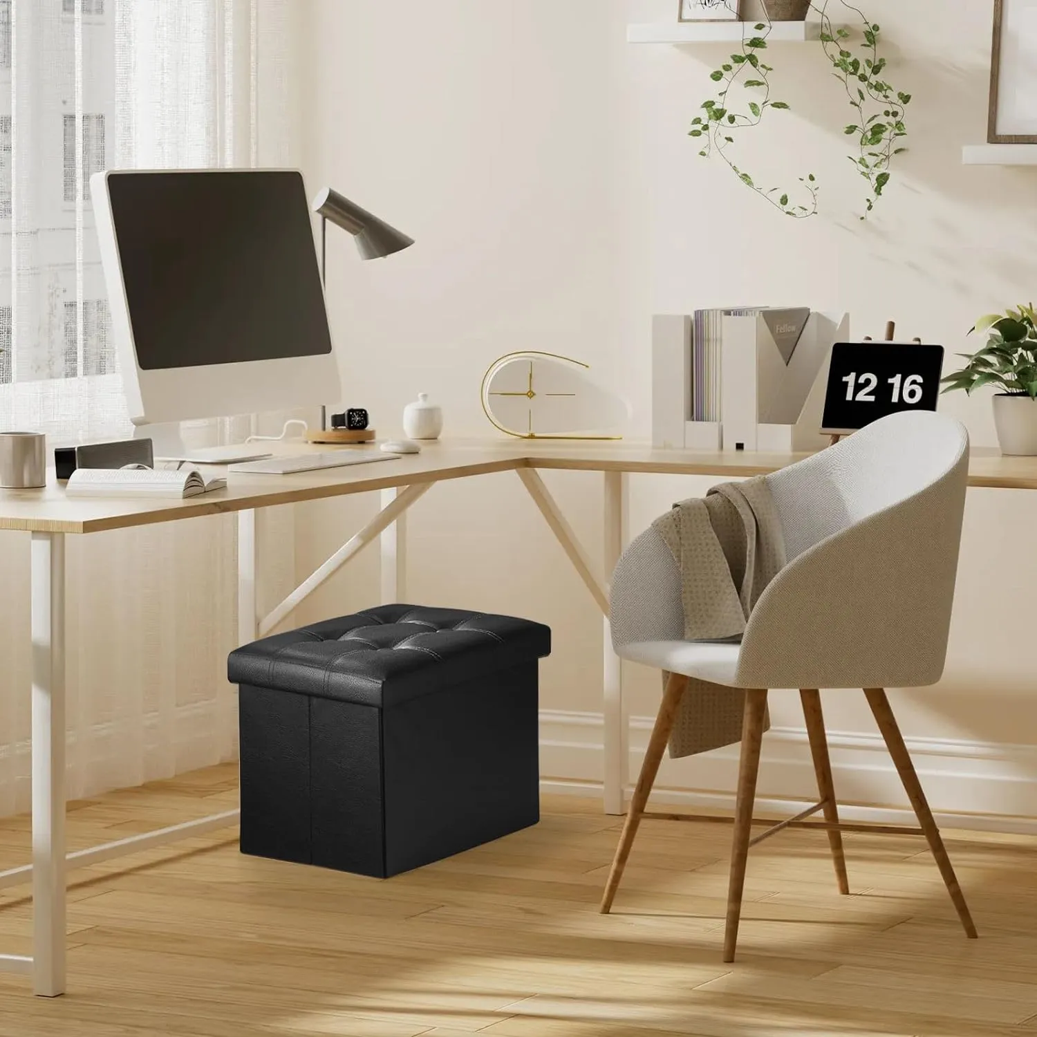 2PC Storage Ottoman, Folding Foot Stool with Thicker Foam Padded Seat Small Leather Storage Ottoman Bench Foot Rest for Living Room Foldable Coffee Table 17x13x13in,Black