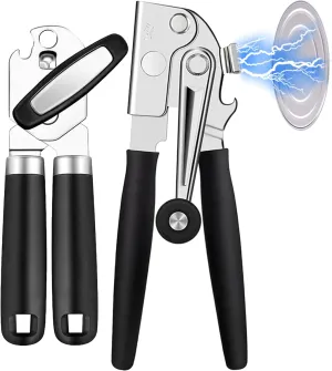 2Pcs Can Opener with Magnet (Lever Can Opener & Multi-Function Can Opener) Easy to Use, Razor Sharp Stainless Steel Cutting Wheel, Soft Ergonomic Handles, Black