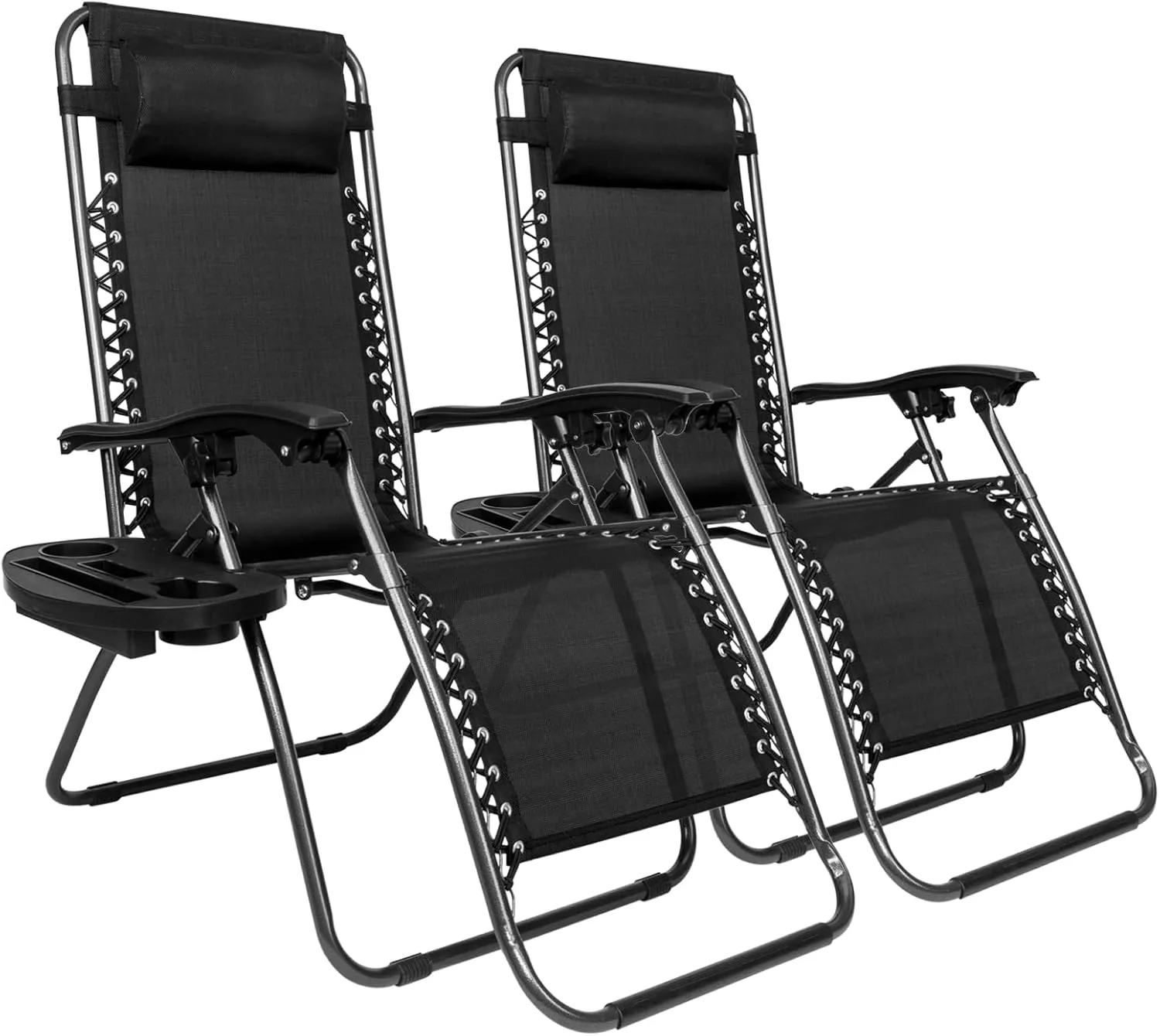 2pcs Outdoor Lounge Patio Chairs with Pillow and Utility Tray Adjustable Folding Recliner, for Deck,Patio,Beach,Yard(70"×20.5"×14.5"). (Black)