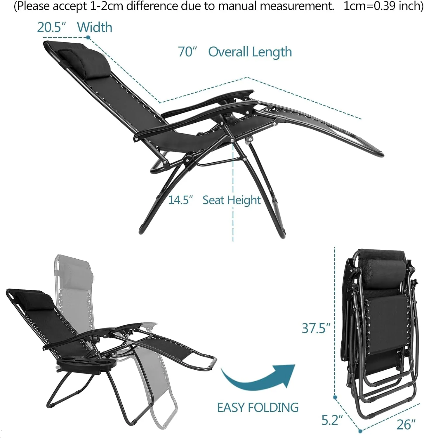 2pcs Outdoor Lounge Patio Chairs with Pillow and Utility Tray Adjustable Folding Recliner, for Deck,Patio,Beach,Yard(70"×20.5"×14.5"). (Black)