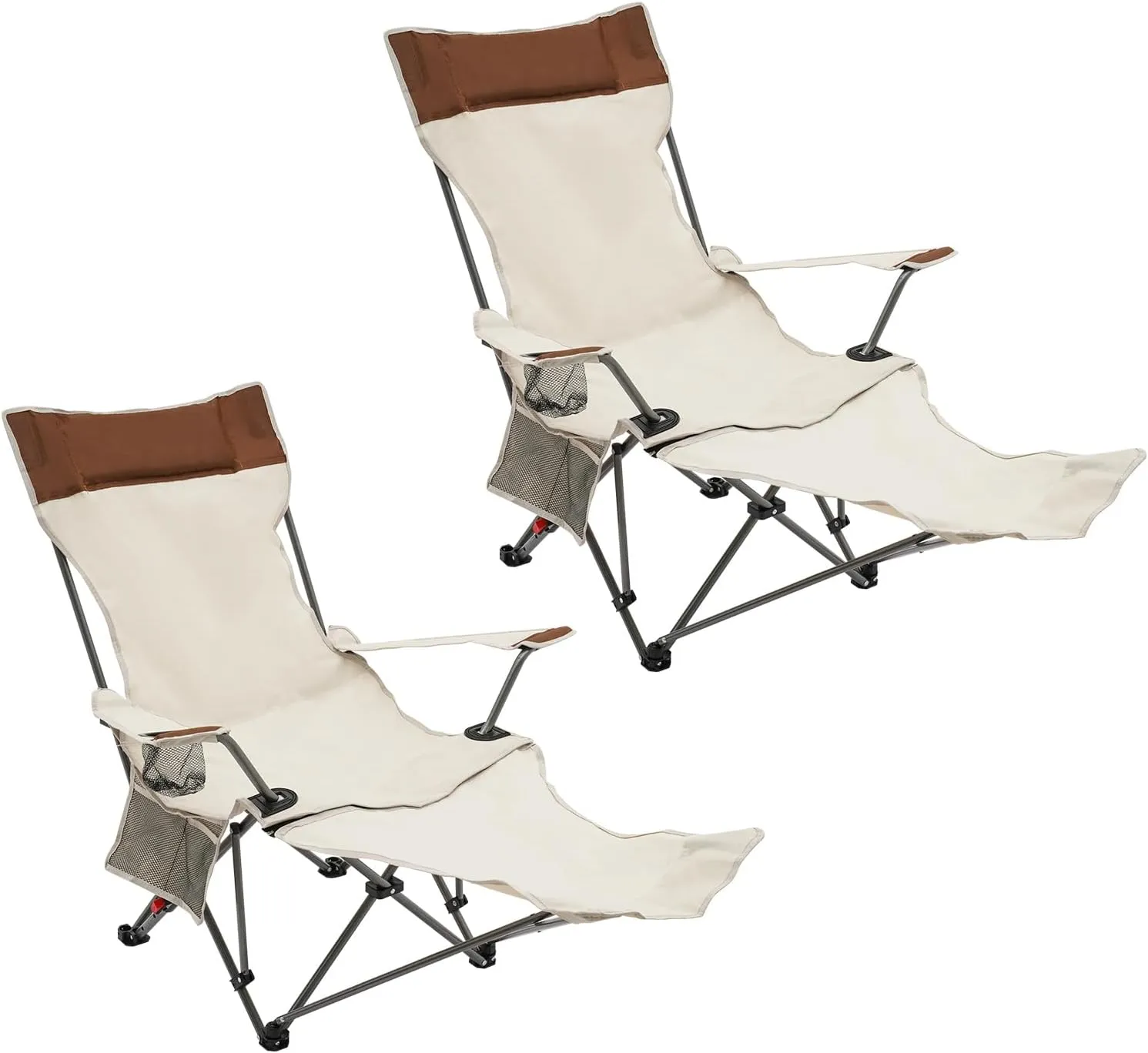 2Pcs Reclining Camping Chair Foot Rest, Portable Adjustable Folding Beach Lounge Chair, Comfortable Outdoor Chair with Headrest, Cup Holder, Carry Bag