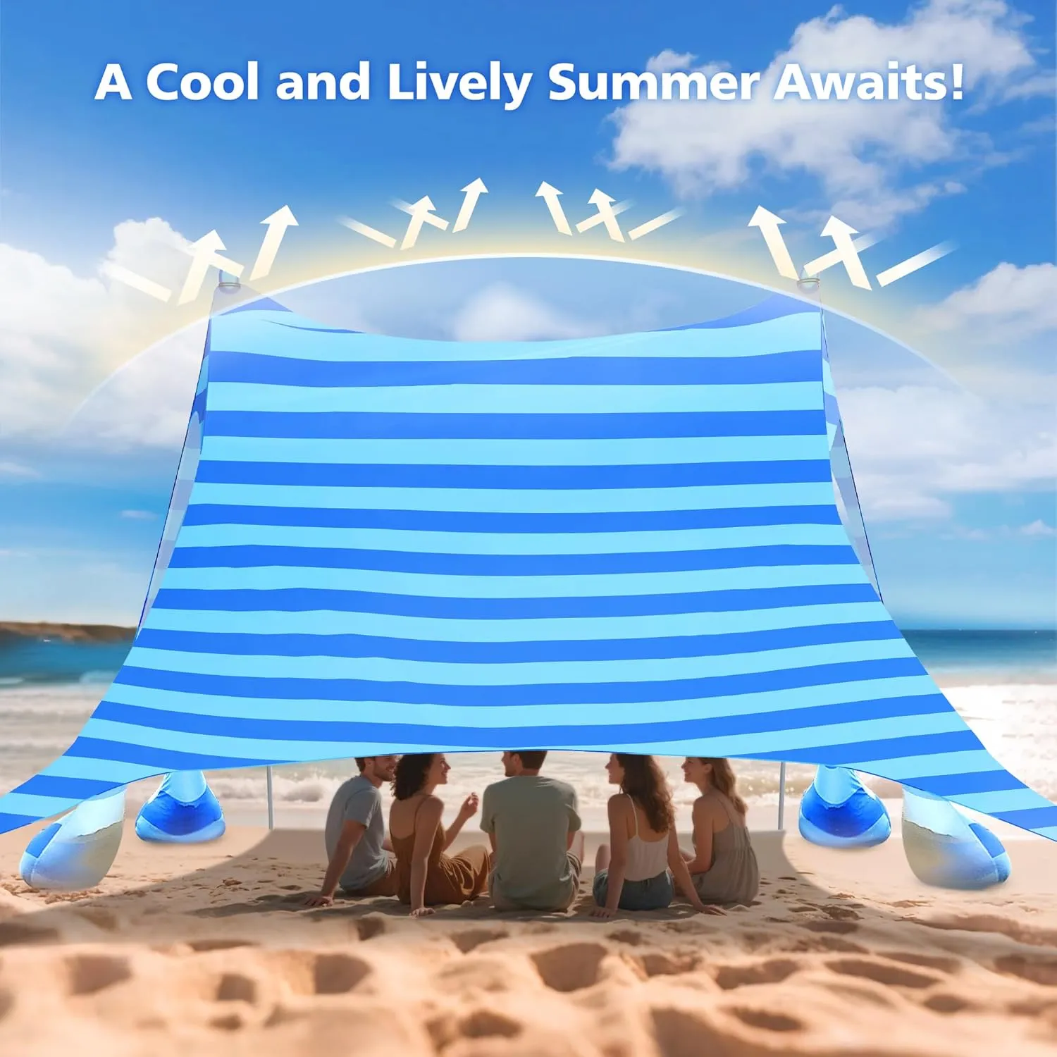 2PM SPORTS Beach Tent Conopy with UPF50 , Outdoor Large Beach Sun Shade Shelter for Family Picnic Camping Travel Shore, 8 Sandbags, Sand Shovel, Portable Ground Pegs (Striped Blue, 8x8 FT)
