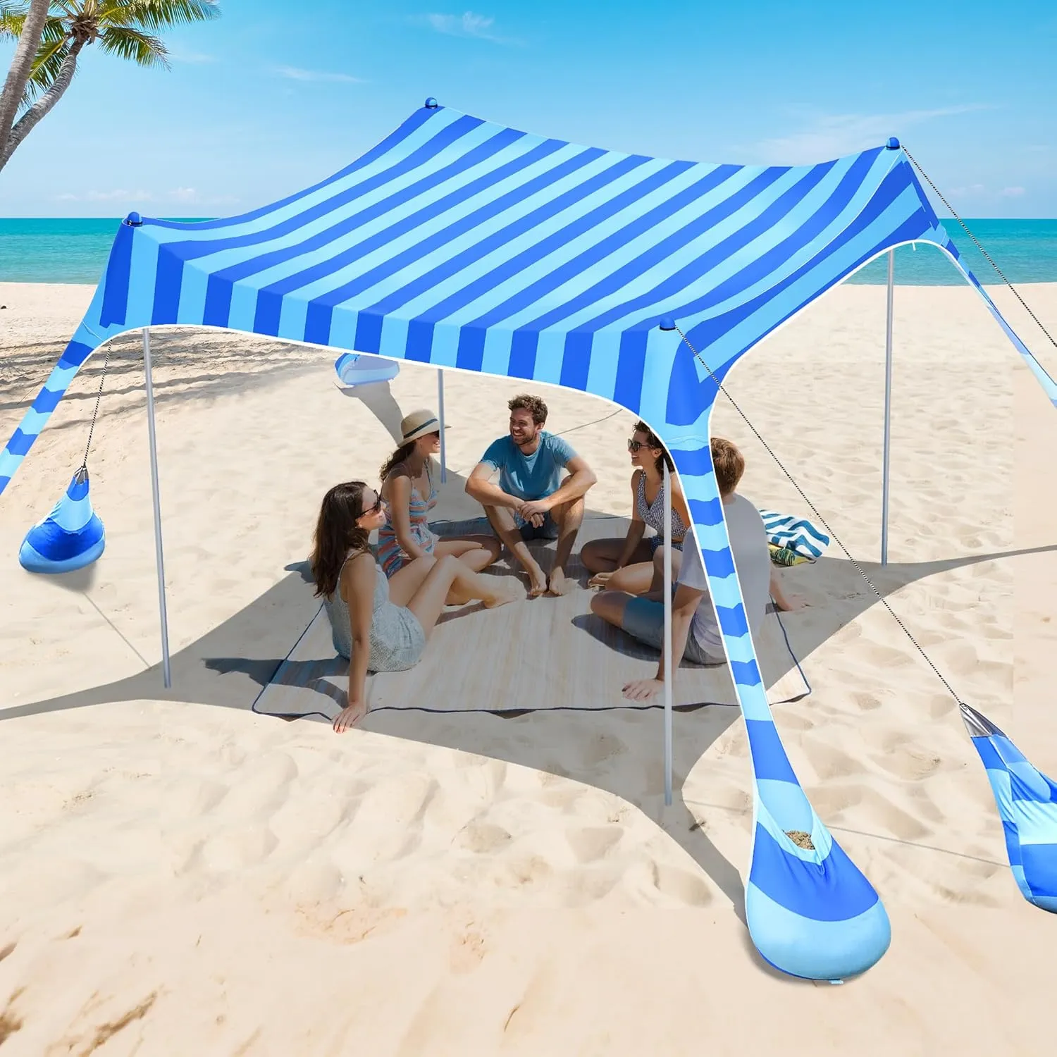 2PM SPORTS Beach Tent Conopy with UPF50 , Outdoor Large Beach Sun Shade Shelter for Family Picnic Camping Travel Shore, 8 Sandbags, Sand Shovel, Portable Ground Pegs (Striped Blue, 8x8 FT)