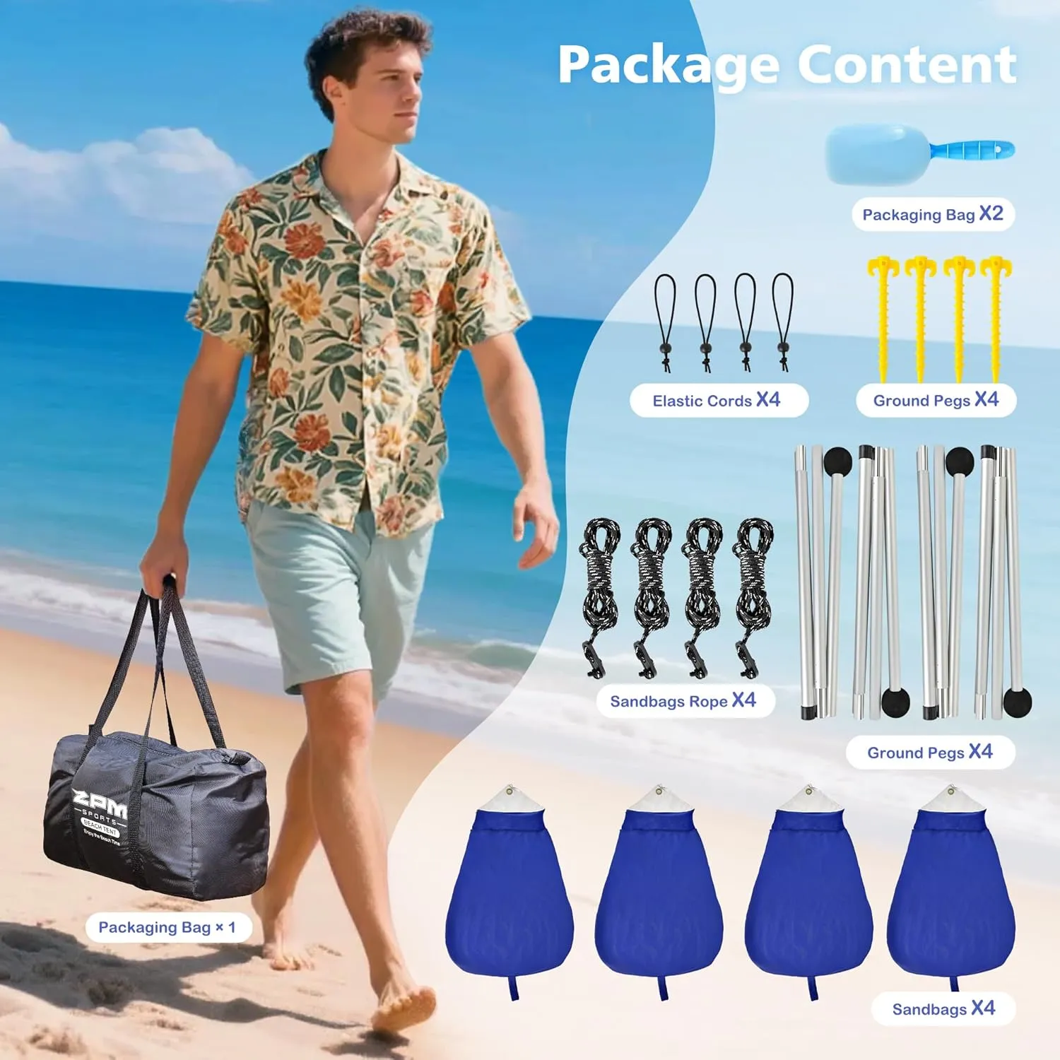 2PM SPORTS Beach Tent Conopy with UPF50 , Outdoor Large Beach Sun Shade Shelter for Family Picnic Camping Travel Shore, 8 Sandbags, Sand Shovel, Portable Ground Pegs (Striped Blue, 8x8 FT)