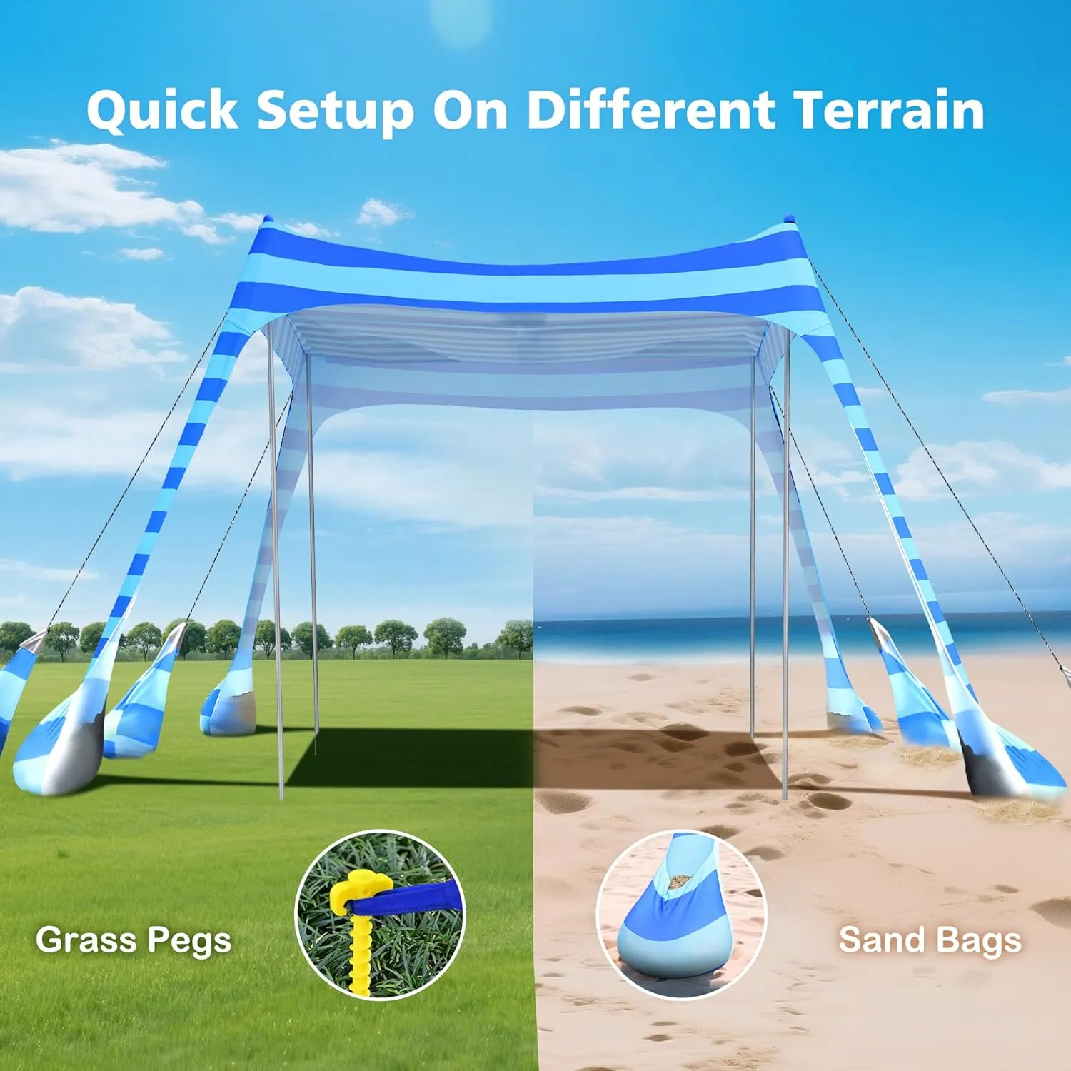 2PM SPORTS Beach Tent Conopy with UPF50 , Outdoor Large Beach Sun Shade Shelter for Family Picnic Camping Travel Shore, 8 Sandbags, Sand Shovel, Portable Ground Pegs (Striped Blue, 8x8 FT)
