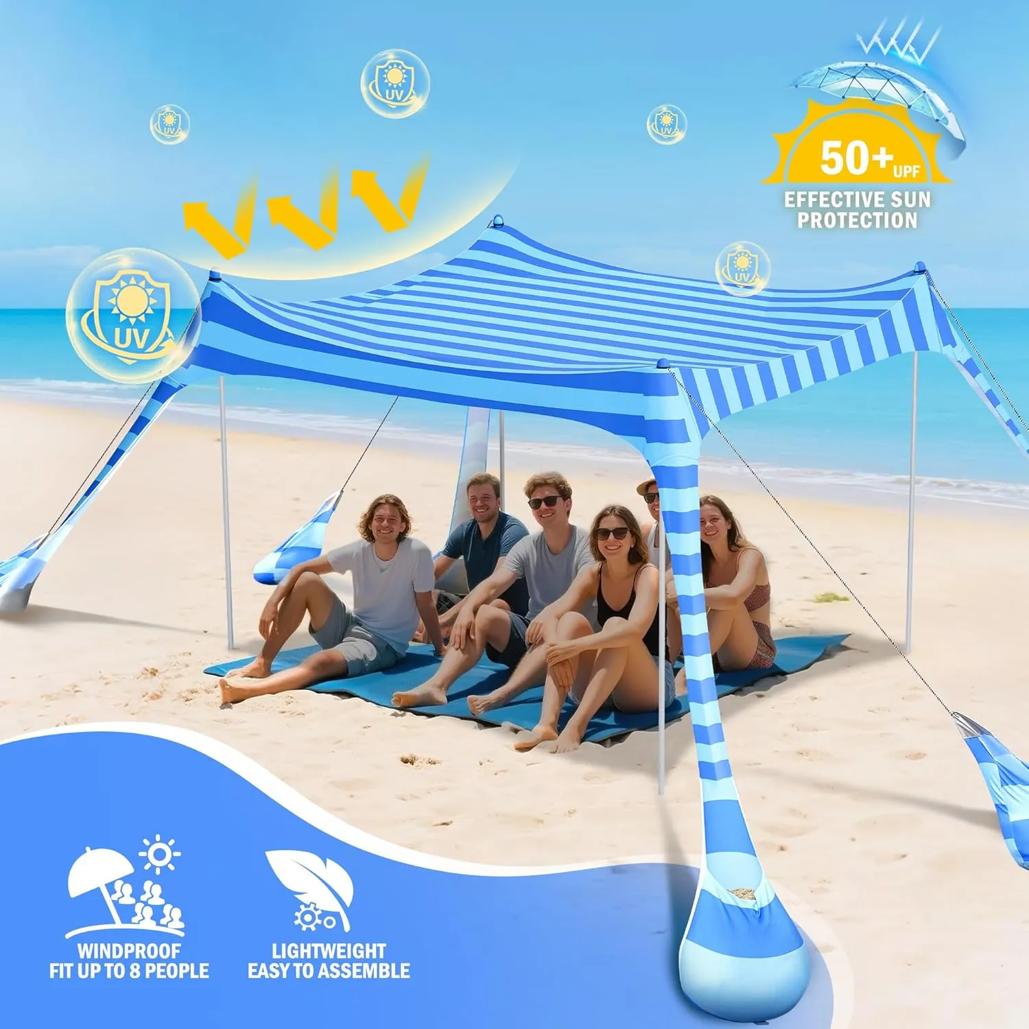 2PM SPORTS Beach Tent Conopy with UPF50 , Outdoor Large Beach Sun Shade Shelter for Family Picnic Camping Travel Shore, 8 Sandbags, Sand Shovel, Portable Ground Pegs (Striped Blue, 8x8 FT)