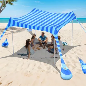 2PM SPORTS Beach Tent Conopy with UPF50 , Outdoor Large Beach Sun Shade Shelter for Family Picnic Camping Travel Shore, 8 Sandbags, Sand Shovel, Portable Ground Pegs (Striped Blue, 8x8 FT)