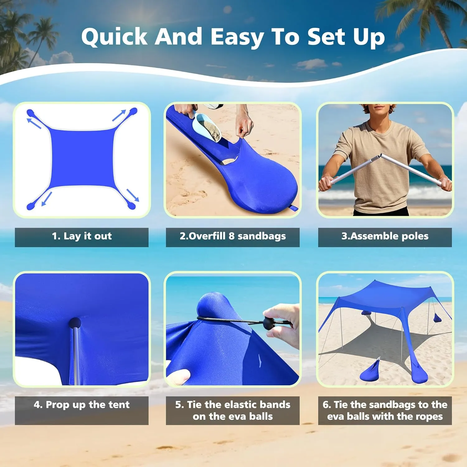 2PM SPORTS Beach Tent Conopy with UPF50 , Outdoor Large Beach Sun Shade Shelter for Family Picnic Camping Travel Shore, 8 Sandbags, Sand Shovel, Portable Ground Pegs (Striped Blue, 8x8 FT)