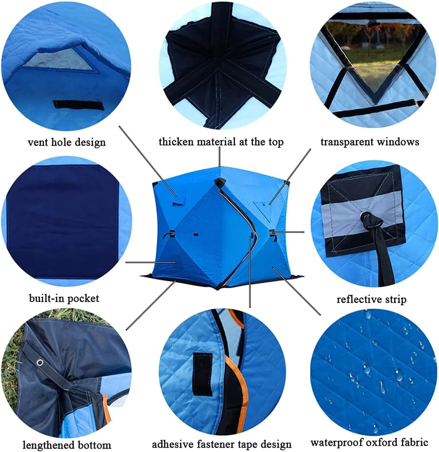 3-4 Person Portable Ice Fishing Shelter Easy Set-up Winter Fishing Tent Ice Fishing Tent with Carry Bag Fishing Equipment Outdoors (Blue 3~4 Person 180X180X210CM)