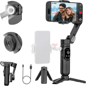 3-axis Phone Gimbal Stabilizer for iPhone 15/14/13 Pro Max Android w/Face Tracking,1/4"Threads,Built-in Fill Light, Portable Smartphone Gimbal Video Recording for TikTok,YouTube-Smart X Black
