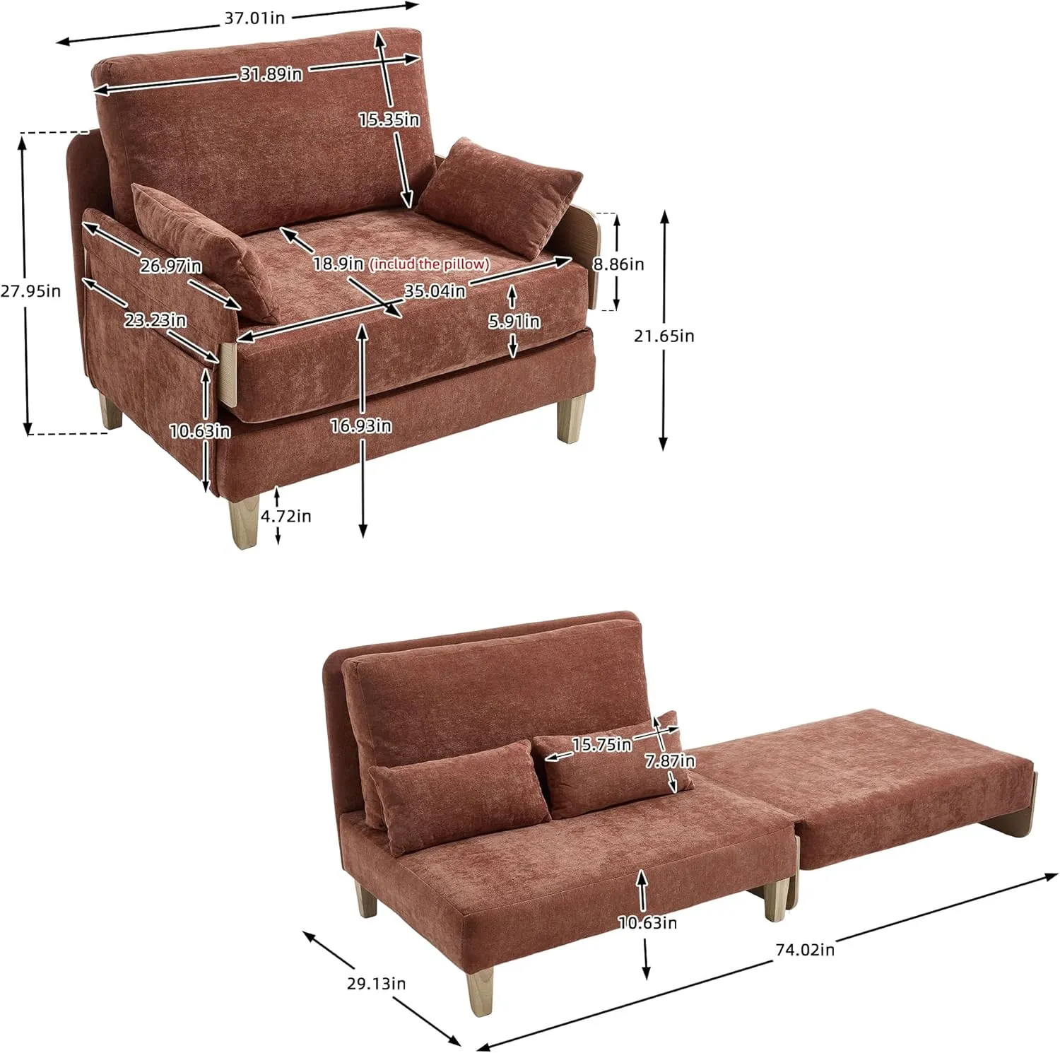 3-in-1 Foldable Sofa Bed Recliner Sleeper, Mid-Century Modern Convertible Sofa Chair with 3 Pillows, Space-Saving Design for Small Spaces, Bedroom, Study & Guest Room, Orange
