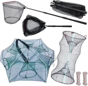 3 Pcs Foldable Fishing Net Accessories for Crab Crayfish Shrimp:Fishing Landing Net with Telescoping Pole Handle, Collapsible Crab Trap Hexagon and 2 Ropes