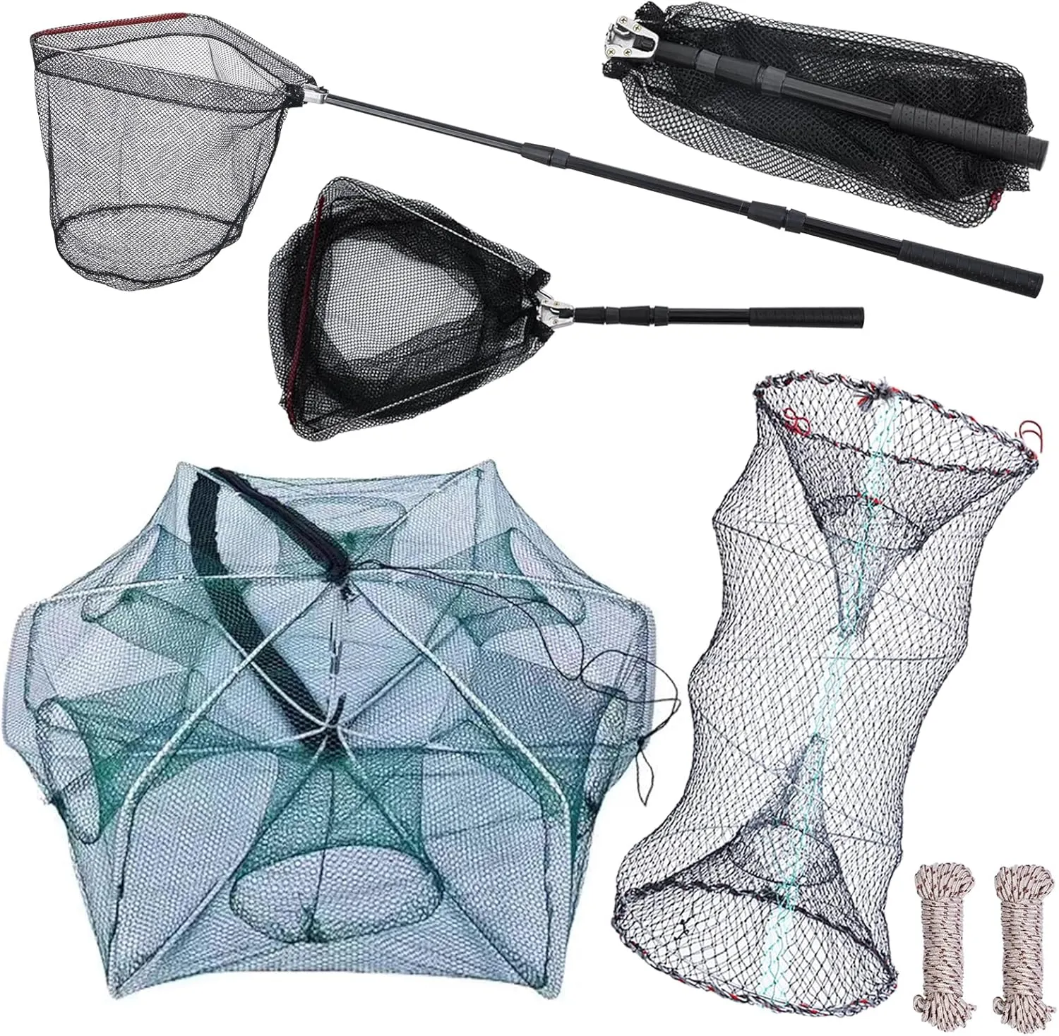 3 Pcs Foldable Fishing Net Accessories for Crab Crayfish Shrimp:Fishing Landing Net with Telescoping Pole Handle, Collapsible Crab Trap Hexagon and 2 Ropes
