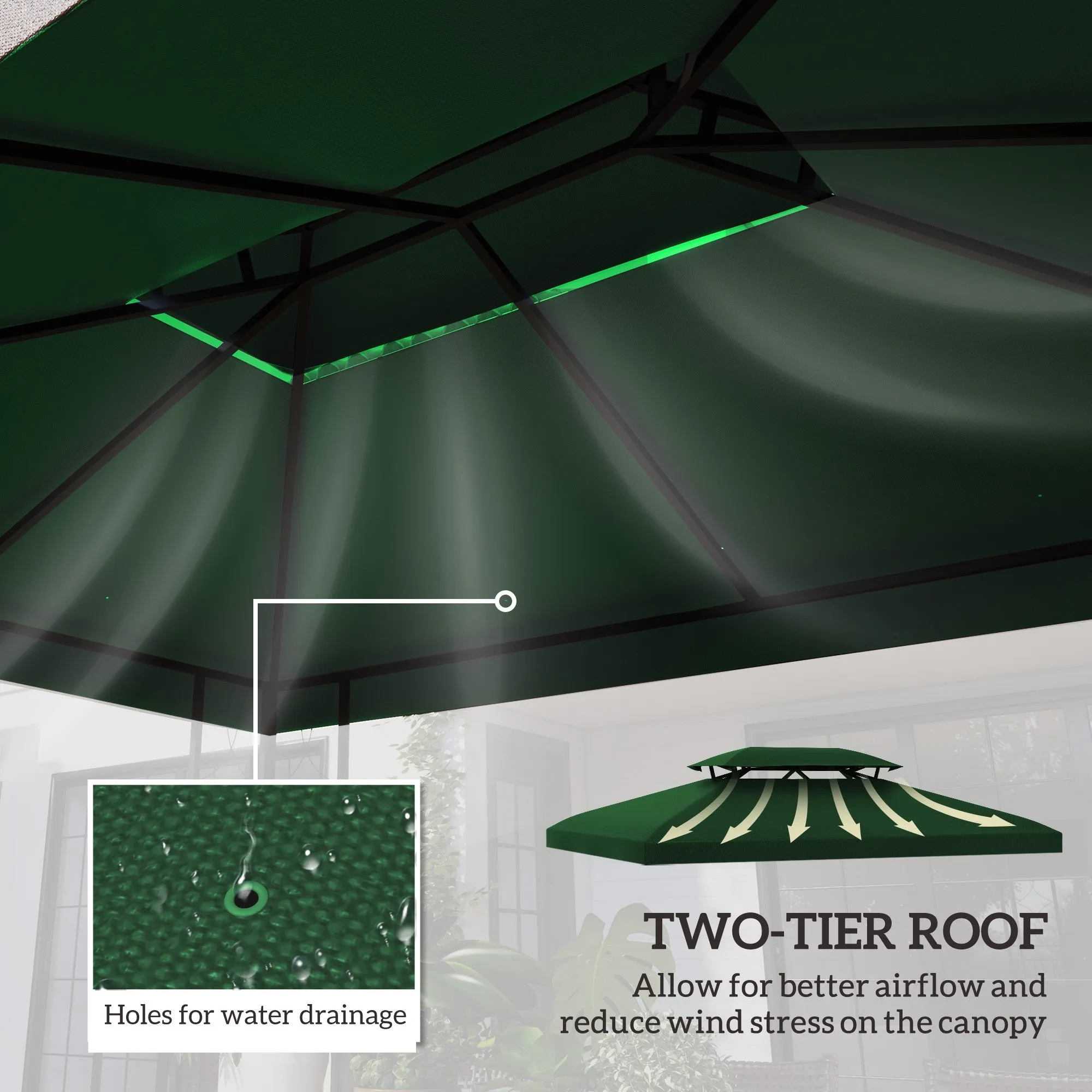 3 x 4m Gazebo Canopy Replacement Cover, 2 Tier Top Roof UV Cover, Green