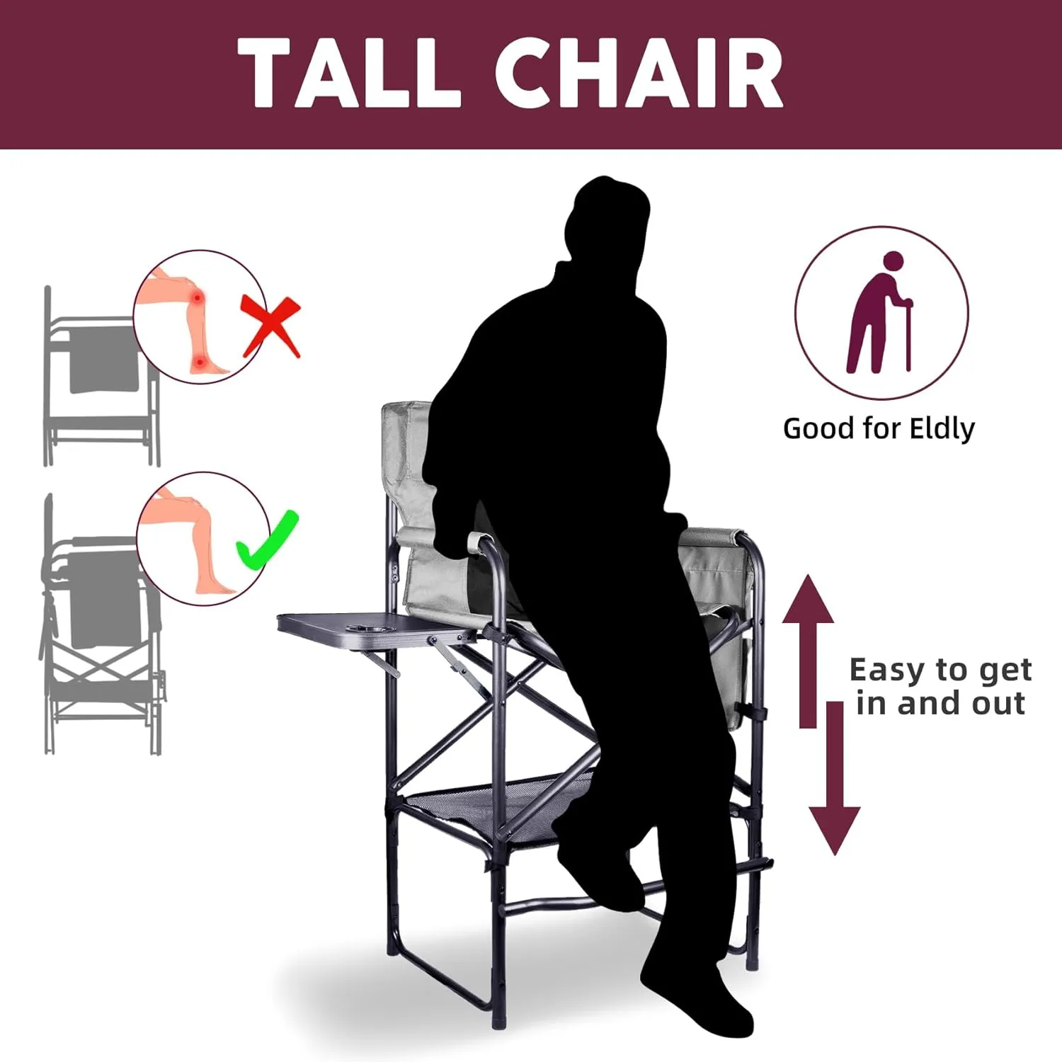 30" Tall Directors Chair with Side Table, 400LBS Bar Height Folding Camping Chair for Makeup Artists, Outdoor Events, Portable Foldable Chair with Cup Holder & footrest - Gray/Black
