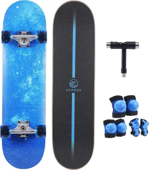 31 Inch Kids Skateboards with Protective Gear, Skate Tool and Light Up Wheels