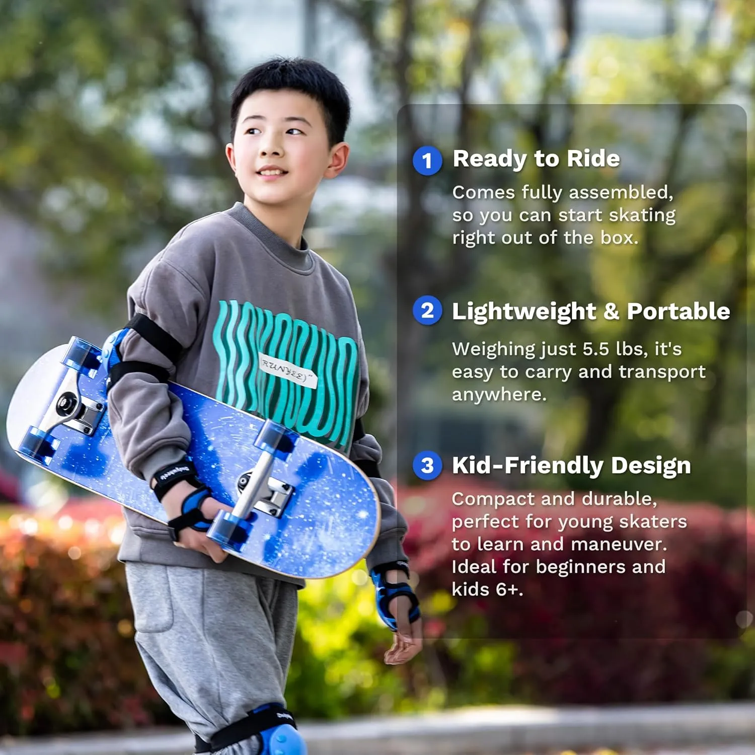 31 Inch Kids Skateboards with Protective Gear, Skate Tool and Light Up Wheels
