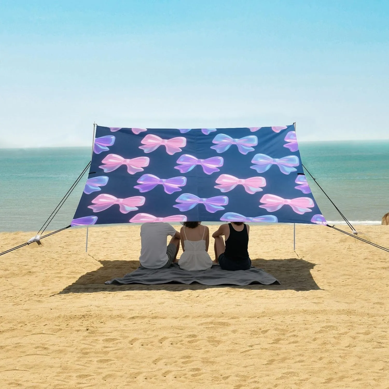 3D Plastic Bows Beach Canopy Tent Anti-UV & Wind Resistant, Camping Sun Shelter Easy Setup Portable,Outdoor Shade Tents with Sandbags,Sand Shovels,Ground Pegs & Stability Poles