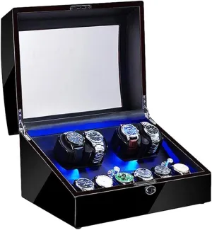 4 6 Automatic Watch Winder with LED Illumination Flexible Watch Pillow Piano Paint Exterior Quiet Motor Dual Power Supply (Black)