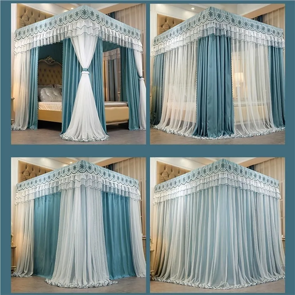 4 Corner Post Princess Canopy Bed Curtains,Large Royal Luxurious Embroidered Lace Elegant Double Layer Bed Curtain Canopy Drapes Bed Privacy Space Blackout Sleeping Tents(Bean paste,200x220cm/King)