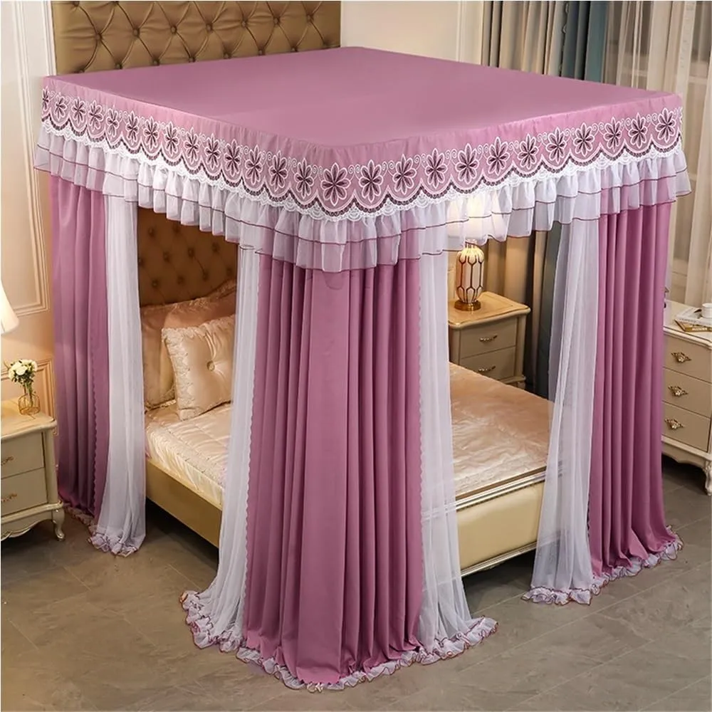 4 Corner Post Princess Canopy Bed Curtains,Large Royal Luxurious Embroidered Lace Elegant Double Layer Bed Curtain Canopy Drapes Bed Privacy Space Blackout Sleeping Tents(Bean paste,200x220cm/King)
