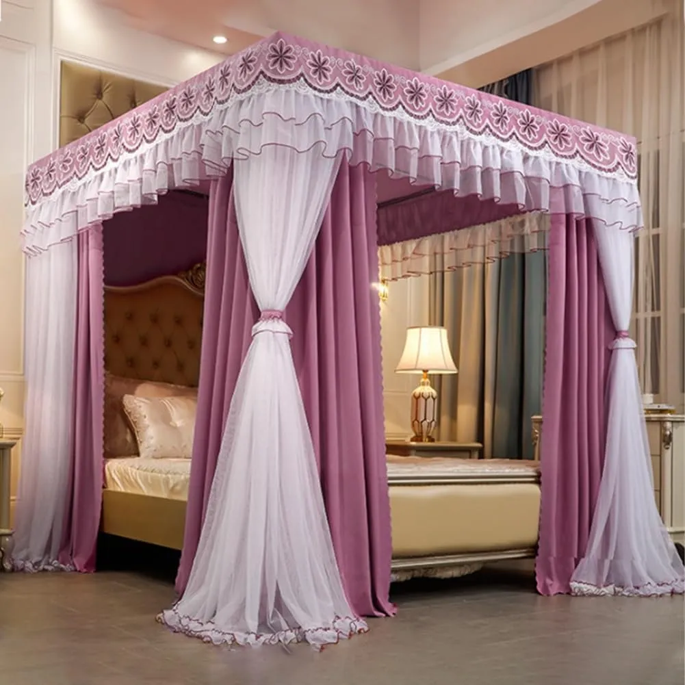 4 Corner Post Princess Canopy Bed Curtains,Large Royal Luxurious Embroidered Lace Elegant Double Layer Bed Curtain Canopy Drapes Bed Privacy Space Blackout Sleeping Tents(Bean paste,200x220cm/King)