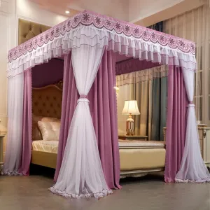4 Corner Post Princess Canopy Bed Curtains,Large Royal Luxurious Embroidered Lace Elegant Double Layer Bed Curtain Canopy Drapes Bed Privacy Space Blackout Sleeping Tents(Bean paste,200x220cm/King)