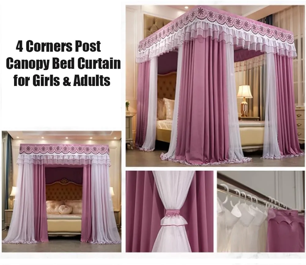 4 Corner Post Princess Canopy Bed Curtains,Large Royal Luxurious Embroidered Lace Elegant Double Layer Bed Curtain Canopy Drapes Bed Privacy Space Blackout Sleeping Tents(Bean paste,200x220cm/King)