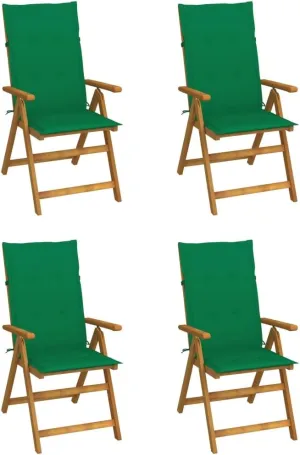 4-Piece Solid Acacia Wood Patio Reclining Chairs with Green Cushions, Adjustable 5-Position Lounge Chair Set, Foldable Outdoor Furniture for Poolside, Backyard and Camping