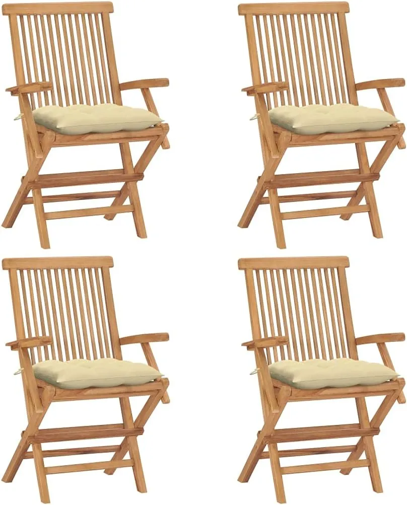 4-Piece Solid Teak Wood Patio Chairs with Cream White Cushions, Foldable Outdoor Furniture Set for Garden, Poolside and Backyard