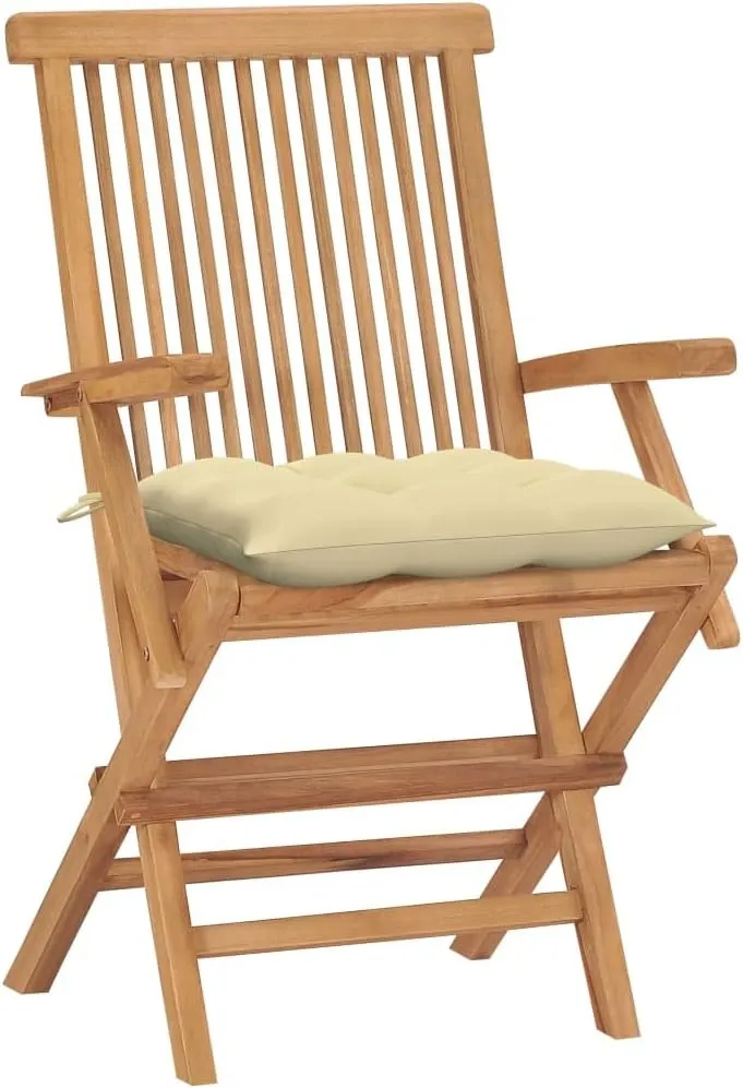 4-Piece Solid Teak Wood Patio Chairs with Cream White Cushions, Foldable Outdoor Furniture Set for Garden, Poolside and Backyard